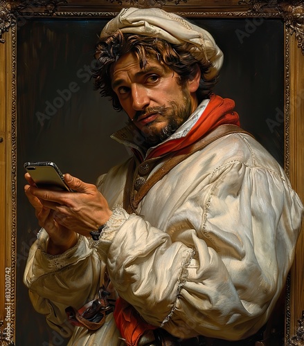 Old painting with a baroque golden frame of a man with renaissance clothes is chatting at his cell phone. New technology concept poster
