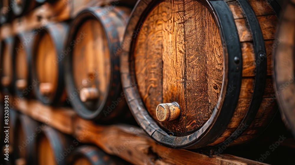Serene wine cellar ambiance with rows of wooden barrels and assorted wine bottles on display Serene wine cellar ambiance with rows of wooden barrels and assorted wine bottles on display