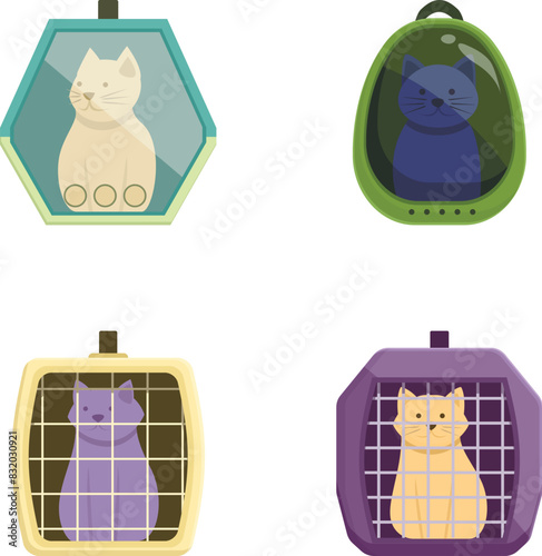 Collection of four colorful cartoonstyle pet carriers each with a different cat illustration