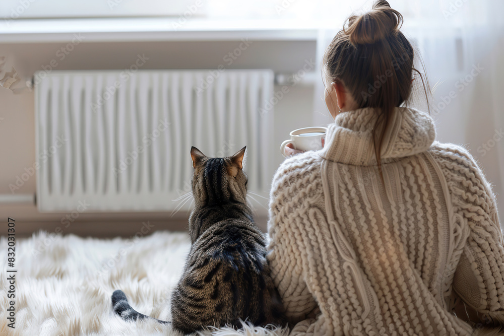 Young woman wearing a sweater freezing for winter cold with her cat. Girl is sitting over electric heater, drinking hot coffee or tea, warming up hands. Discomfort spending time at home. Coldly, chill Young woman wearing a sweater freezing for winter cold with her cat. Girl is sitting over electric heater, drinking hot coffee or tea, warming up hands. Discomfort spending time at home. Coldly, chill