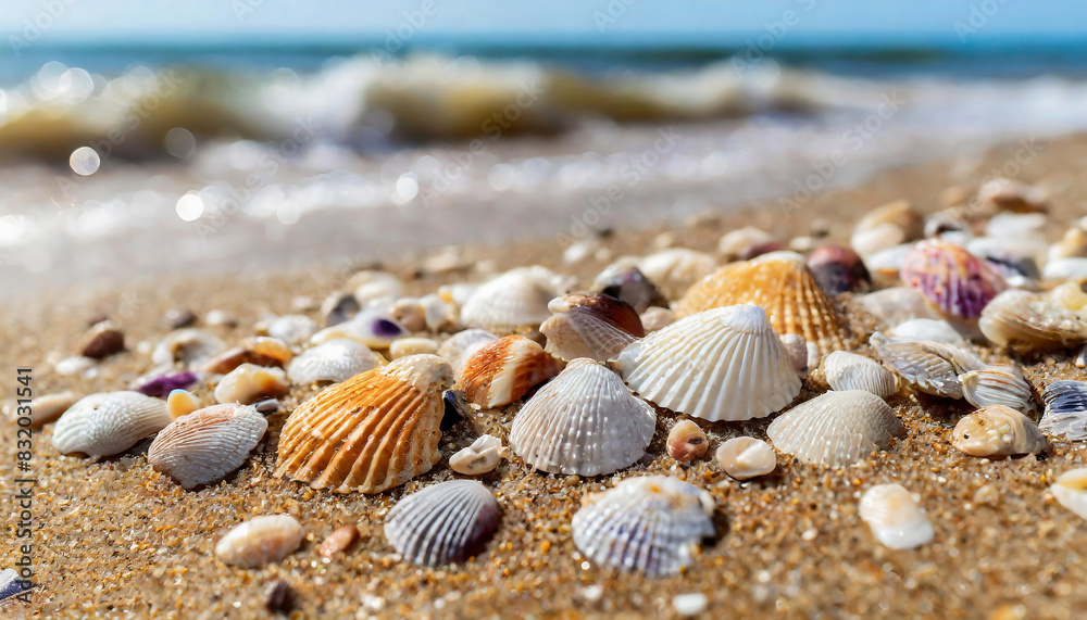 Seashells on the beach. Selective focus. Summer time, holiday, nature concept. close up view Seashells on the beach. Selective focus. Summer time, holiday, nature concept. close up view