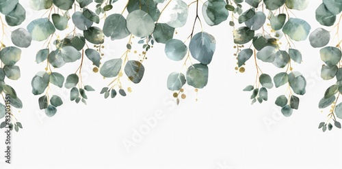 Eucalyptus leaves watercolor illustration on white background with copy space for text photo