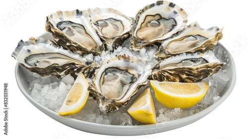 A plate of fresh oysters with lemon wedges served 157 food, seafood, oyster, oysters, fresh, fish, lemon, shell, plate, raw, shellfish, gourmet, meal, ice, sea, white, dinner, dish, appetizer, isolat