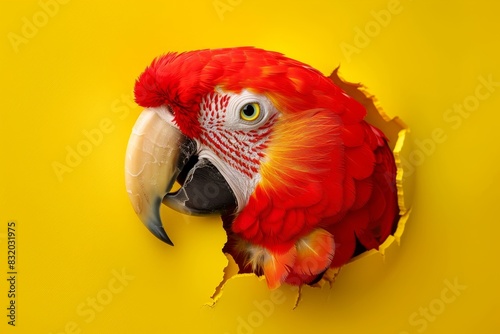 A colorful parrot is standing in front of a wall photo
