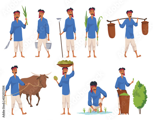 Indian farmer. India village cheering characters working with cow harvesting or bangladesh people. Village rural character worker. Rural business and village concept. Vector illustration