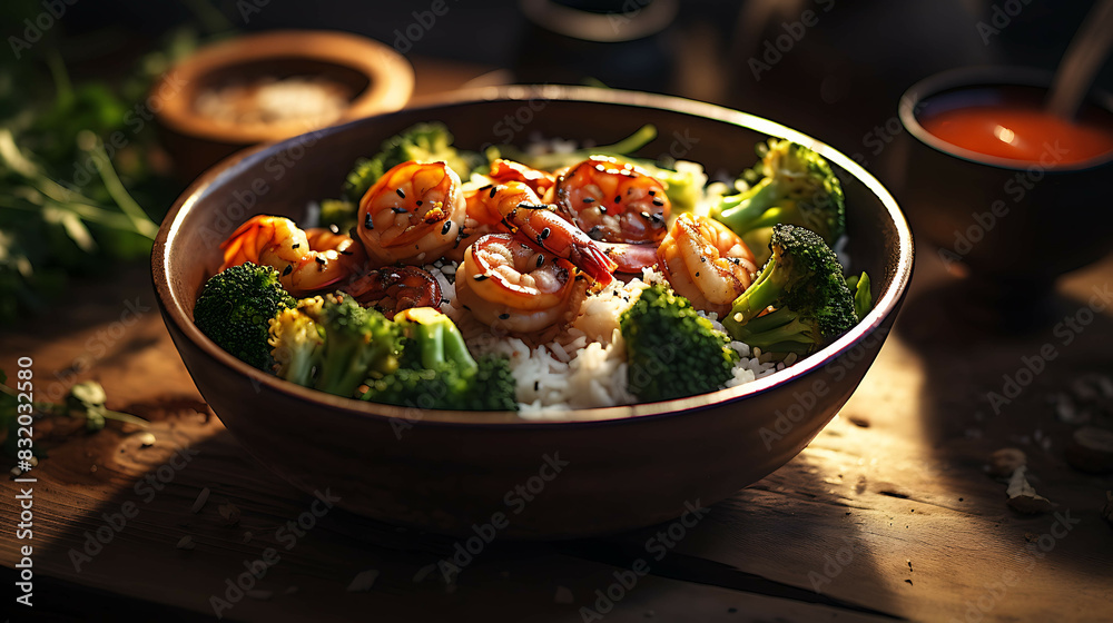 Shrimp and Broccoli Bowl recipe. Generative AI Shrimp and Broccoli Bowl recipe. Generative AI