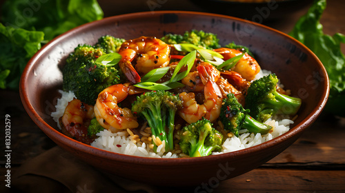 Shrimp and Broccoli Bowl recipe. Generative AI