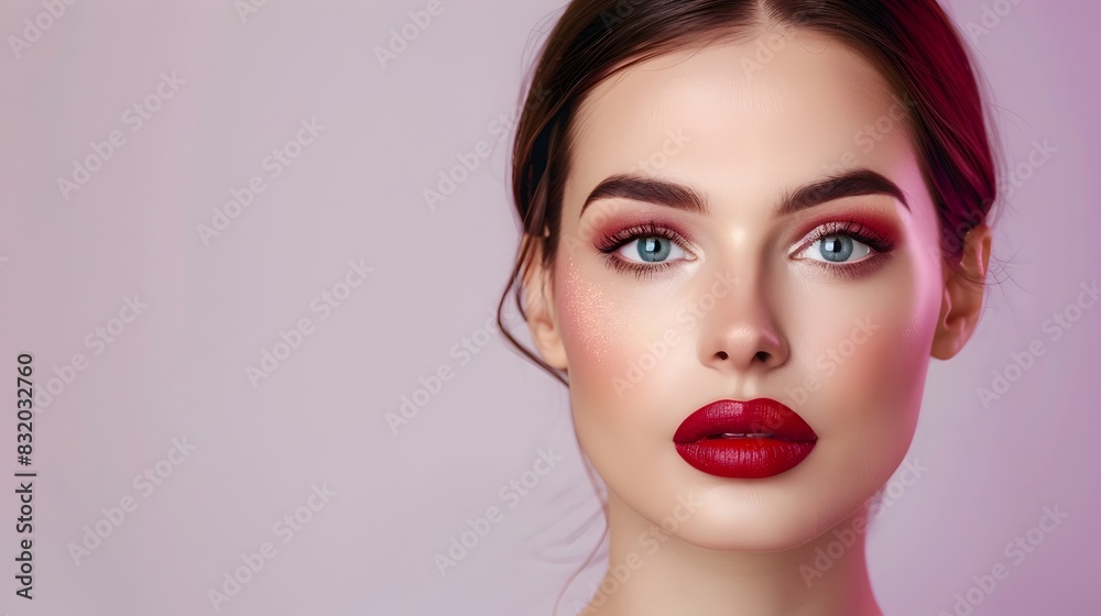 Elevated Elegance Radiant Model Showcases Stunning Makeup Palette on Clean Lilac Backdrop