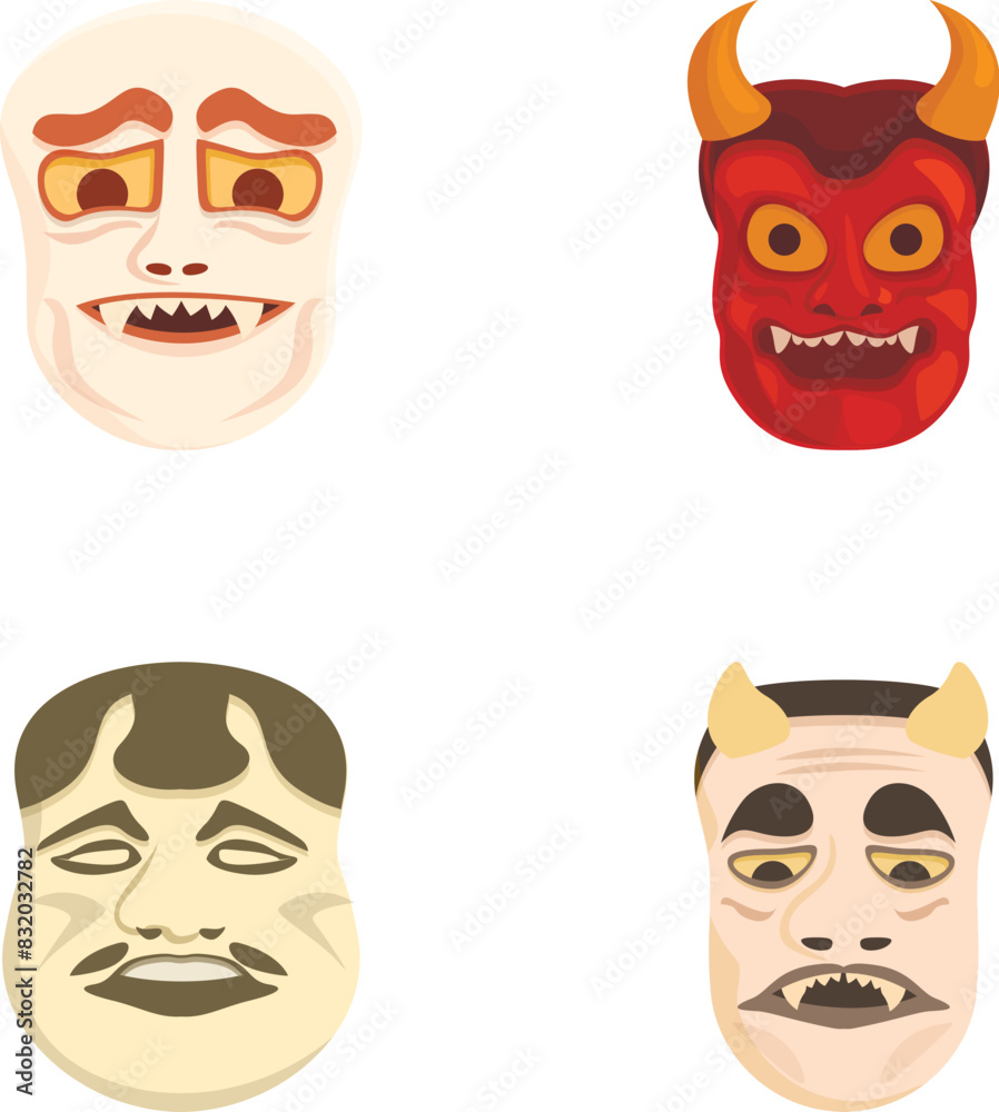 Collection of four cartoonish mask illustrations depicting various emotive and cultural designs