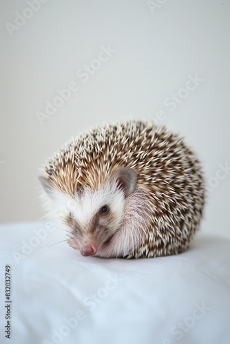 A hedgehog rolling into a ball on a clean white