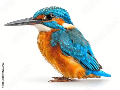 Close-up of a vibrant kingfisher with colorful plumage against a white background, highlighting its beautiful blue and orange feathers. © Ndoomyim