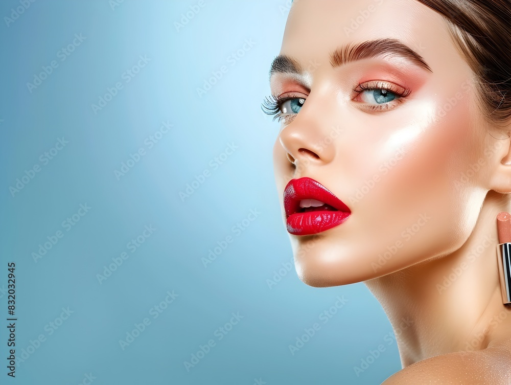 Elegant Model Showcases Stunning Makeup Palette on Clear Sky Blue Backdrop Elegant Model Showcases Stunning Makeup Palette on Clear Sky Blue Backdrop
