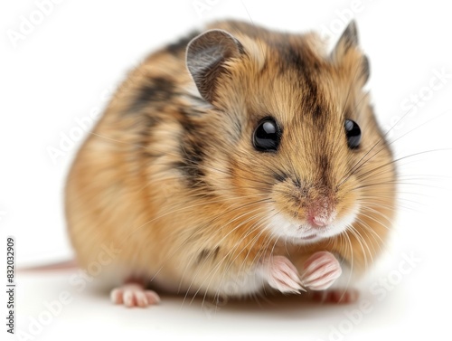 Close-up of a cute, furry hamster with a round body and black eyes, looking directly at the camera against a white background.