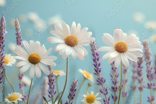 A delicate mix of lavender and daisies on a pale blue background