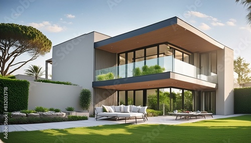 modern building with grass  Contemporary house with clean lines and outdoor living space