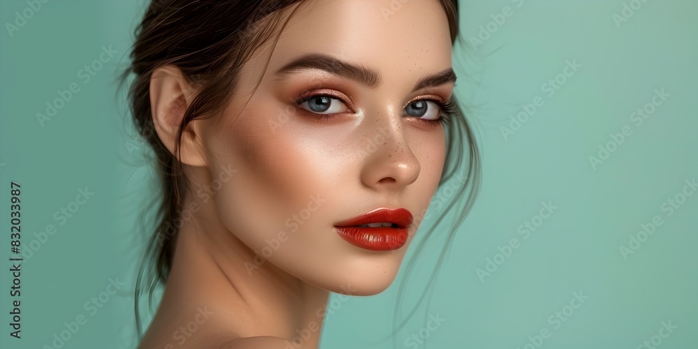 Elegant Model Showcases Stunning Professional Makeup Look on Seafoam Green Backdrop Elegant Model Showcases Stunning Professional Makeup Look on Seafoam Green Backdrop