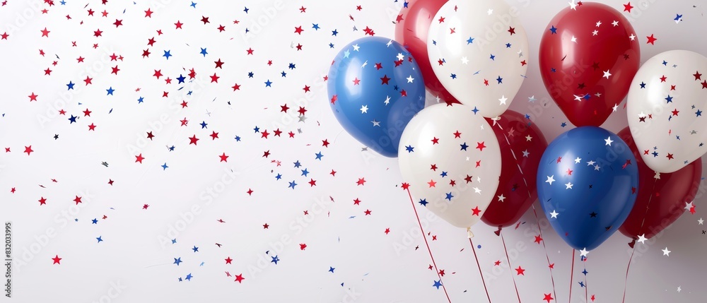 Festive red, white, and blue balloons with colorful confetti on a white background, perfect for celebrations and patriotic events. Festive red, white, and blue balloons with colorful confetti on a white background, perfect for celebrations and patriotic events.
