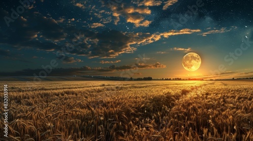The harvest moon shining down on a field of cryptocurrency signaling the end of a successful harvesting season.