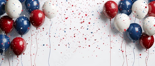 Festive red, white, and blue balloons with confetti on a light background. Perfect for patriotic celebrations and holiday events.