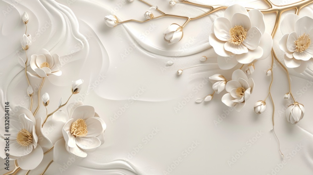 3d wallpaper white background with golden flowers branch, luxury design art for wall decoration, abstract background 3d wallpaper white background with golden flowers branch, luxury design art for wall decoration, abstract background