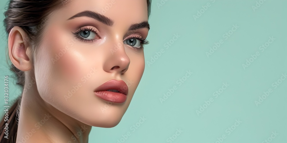 Elegant Model Radiates Beauty Showcasing HighDefinition Decorative Cosmetics on a Seafoam Green Elegant Model Radiates Beauty Showcasing HighDefinition Decorative Cosmetics on a Seafoam Green