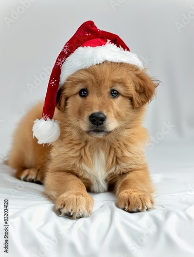 A fluffy puppy with a Santa hat lying on a white background © jinna