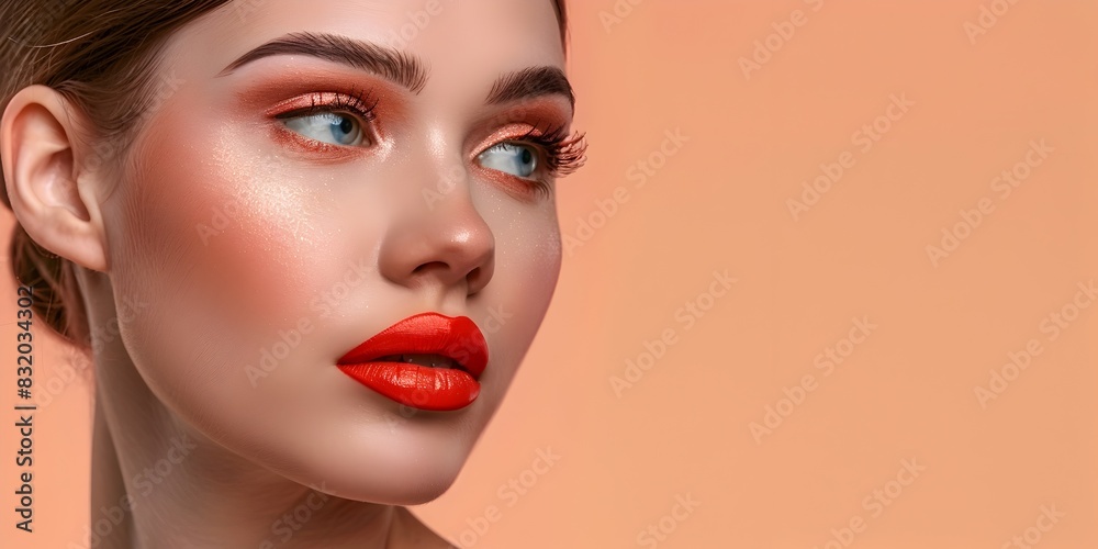Elegant Model Showcases Exquisite Cosmetic Collection on Peach Backdrop Elegant Model Showcases Exquisite Cosmetic Collection on Peach Backdrop