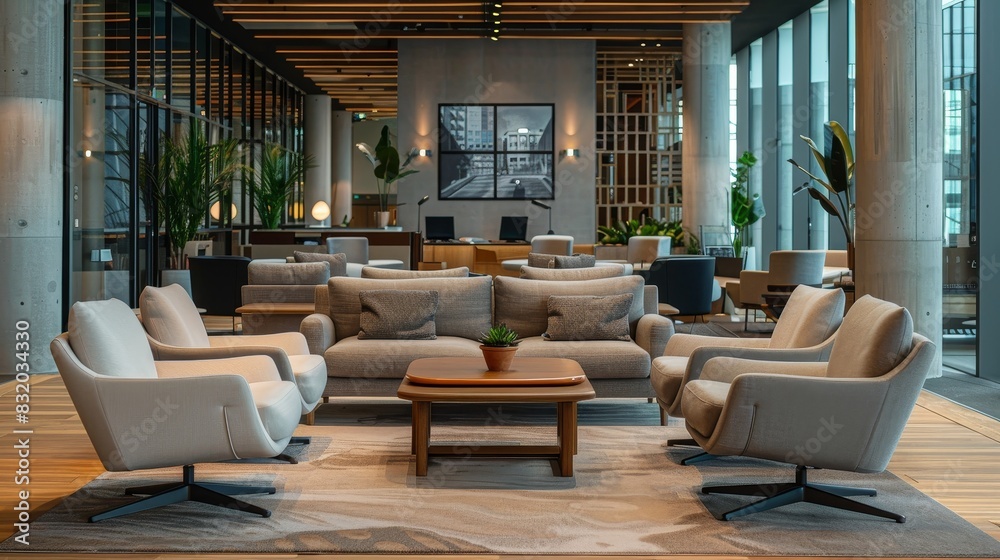 Modern business lounge in a corporate building, providing a relaxed setting for informal meetings and networking Modern business lounge in a corporate building, providing a relaxed setting for informal meetings and networking