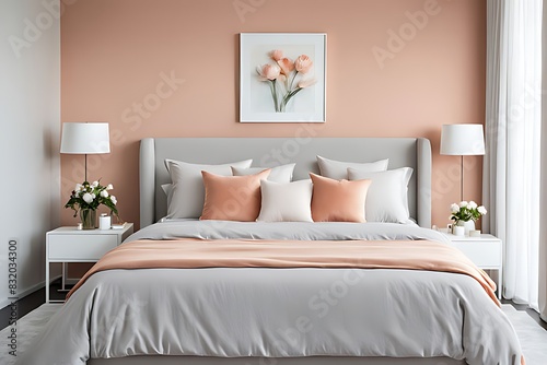 Bedroom in Delicate Peach Fuzz Color Trend 2024 with Panton Furniture and Accent Wall. Modern Luxury Room Interior for Home or Hotel. Empty Warm Apricot Paint Background for Art. 3D Render.