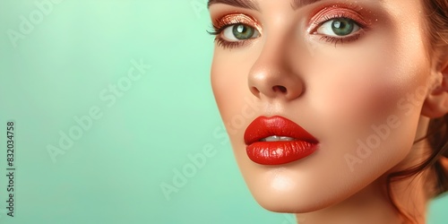 Elegant Model Showcases Stunning Makeup Look on Mint Backdrop Advertising Banner