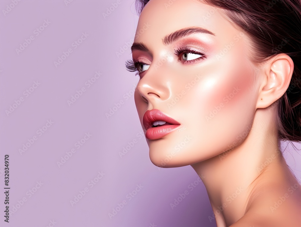Fototapeta premium Elegant Model Showcases Professional Makeup Range on Clean Lavender Backdrop