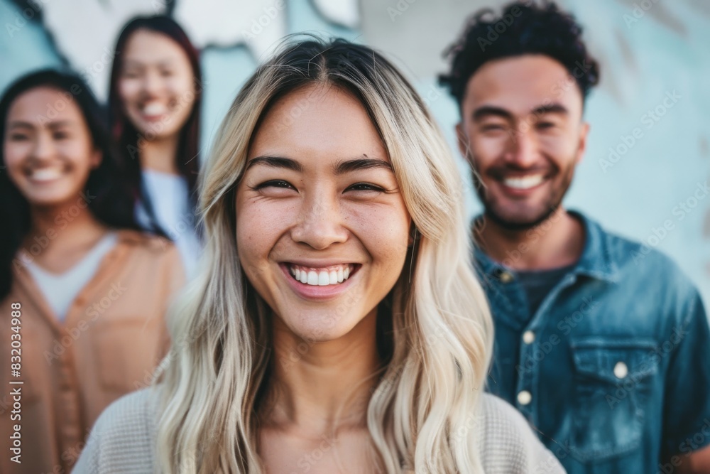 Portrait of smiling woman looking at camera with group of friends standing on background Portrait of smiling woman looking at camera with group of friends standing on background