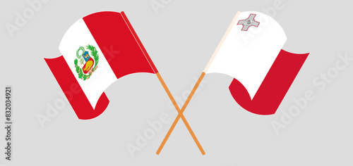Crossed and waving flags of Peru and Malta