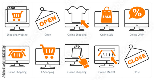 A set of 10 shopping icons as shopping website, open, online shopping