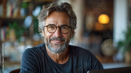 portrait of a successful senior businessman consultant looking at a camera and smiling inside a modern office building