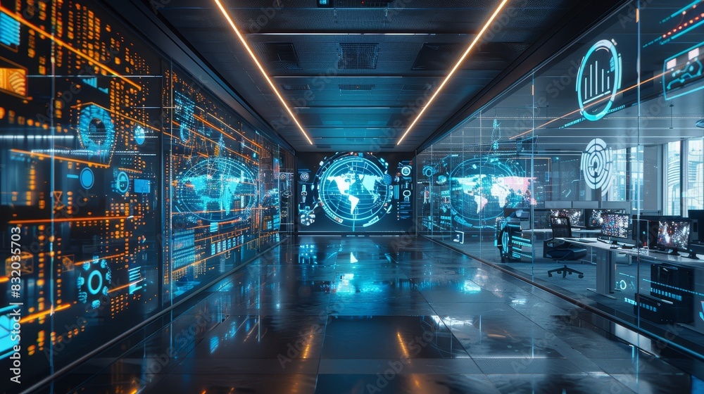 Technology-driven office with the latest advancements, including AI interfaces, touch screens, and automated systems