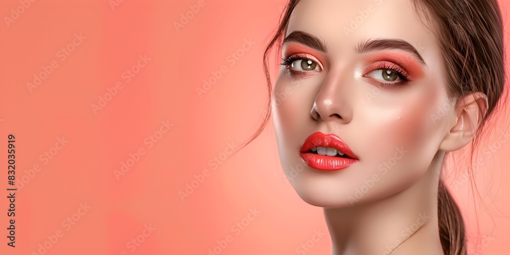 Professional Makeup Enhancing Womens Natural Beauty on Pale Coral Backdrop