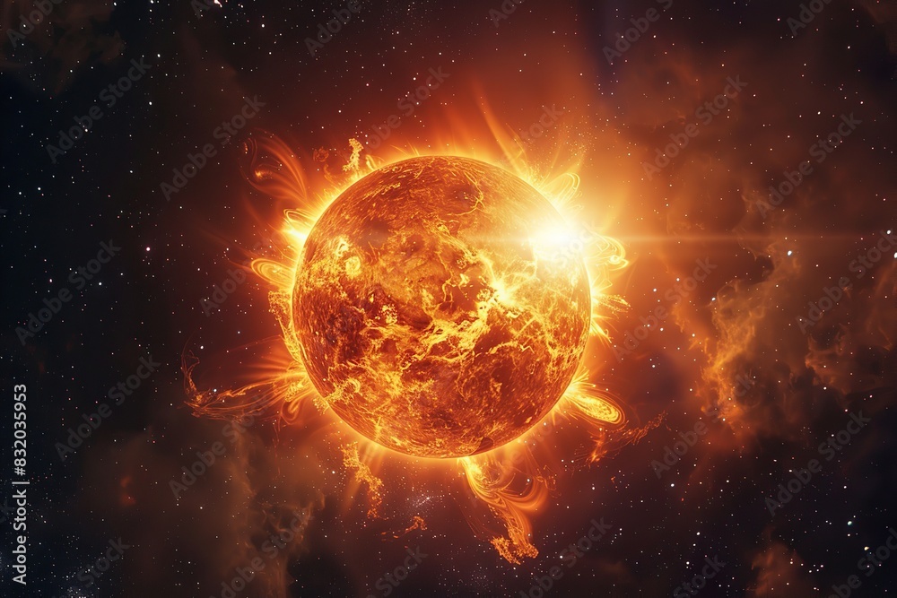 Bright sun against dark starry sky in Solar System. Sun in Space. Solar Surface Activity, Corona. Heatwave hot sun. Climate Change. Global Warming. Temperature of Summer season. Geomagnetic storm Bright sun against dark starry sky in Solar System. Sun in Space. Solar Surface Activity, Corona. Heatwave hot sun. Climate Change. Global Warming. Temperature of Summer season. Geomagnetic storm
