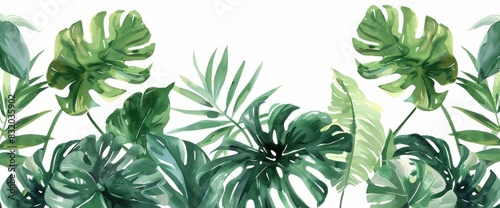 Tropical plants watercolor illustration with green leaves in the foreground on white background for nature and travel design