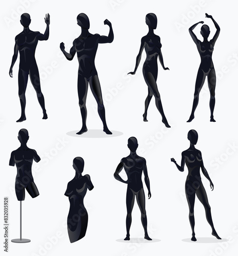Mannequins silhouettes of women and men set. Flat male and female fashion character collection front view boy and girl. Human body clothing template. Vector Illustration