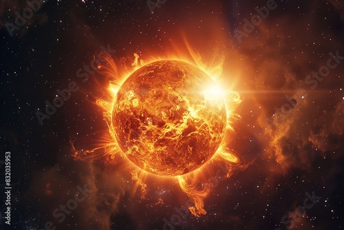 Bright sun against dark starry sky in Solar System. Sun in Space. Solar Surface Activity  Corona. Heatwave hot sun. Climate Change. Global Warming. Temperature of Summer season. Geomagnetic storm