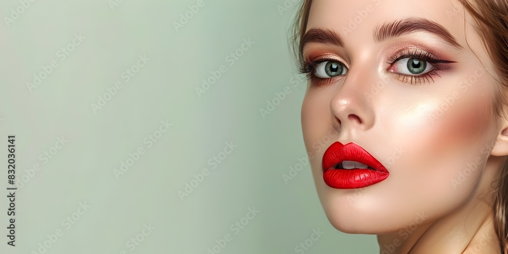 Elegant Model Showcases Exquisite Makeup Collection on Clean Green Backdrop Elegant Model Showcases Exquisite Makeup Collection on Clean Green Backdrop