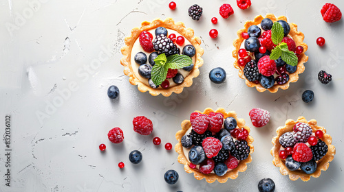 Tartlets with different fresh berries on light table 