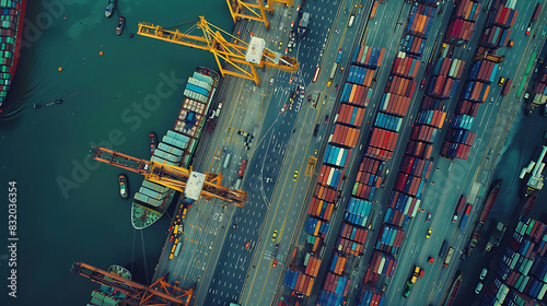 An aerial view of a bustling port with cargo ships, cranes, and containers, illustrating the integration of sea and land transport in global logistics. Generative AI illustration 