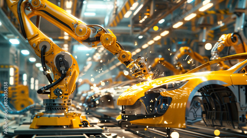 工場のロボットアームが自動車の部品を組み立てるシーン Scene of a factory robot arm assembling car parts.