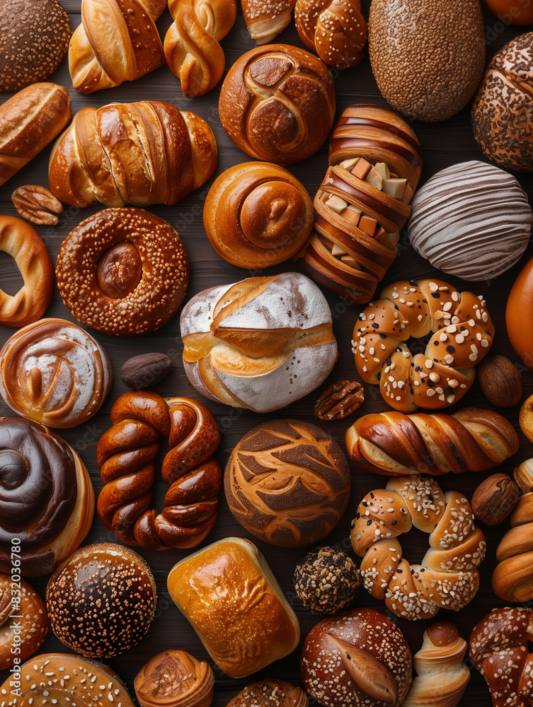 Assorted Bakery Items with Some Chocolate Glazed, Arranged on Dark Background
