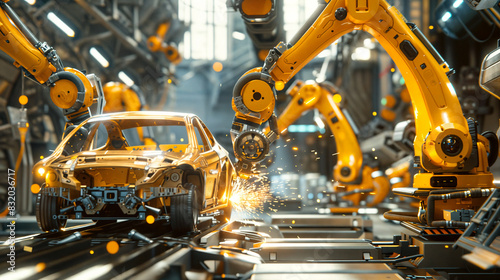 工場のロボットアームが自動車の部品を組み立てるシーン Scene of a factory robot arm assembling car parts.