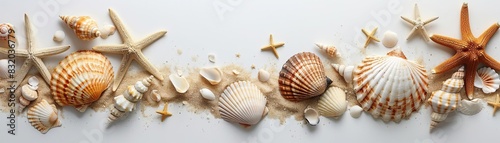 An elegant beach-themed border featuring an assortment of seashells and starfish arranged around a sandy white background
