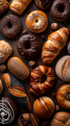 Assorted Bakery Items with Some Chocolate Glazed  Arranged on Dark Background