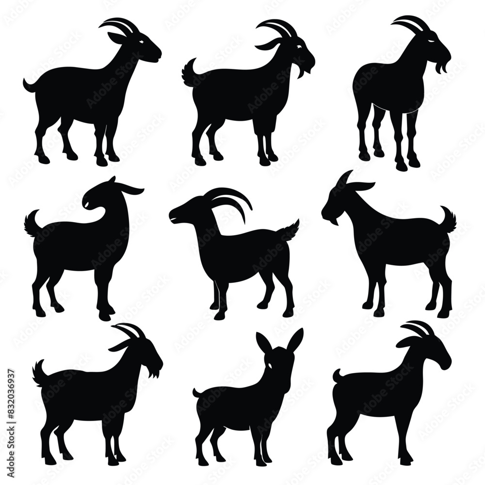 Set of Boer Goat animal black silhouettes vector on white background